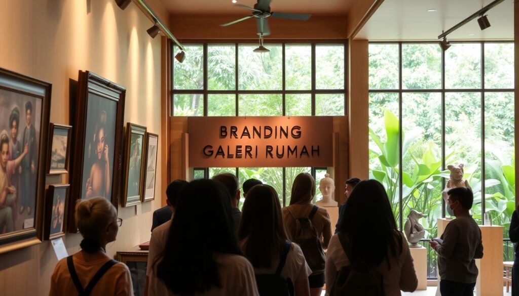 A cozy, well-lit art gallery showcasing a curated collection of paintings and sculptures. The space features warm, earthy tones with natural wood accents and soft lighting that casts a welcoming glow. In the foreground, a group of visitors admire the artwork, their faces alight with fascination. The middle ground depicts the gallery's elegant entryway, with a prominent sign displaying the name "Branding Galeri Rumah" in a modern, minimalist font. The background reveals a lush, verdant garden visible through large windows, creating a seamless indoor-outdoor experience. The overall scene conveys a sense of artistic sophistication, community, and a genuine appreciation for the creative process.