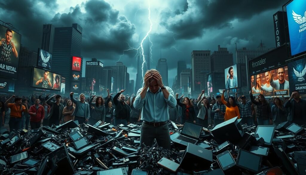 A digital product launch disaster unfolds in a chaotic cityscape. In the foreground, a hapless entrepreneur stands amidst a pile of broken smartphones and shattered laptops, their head in their hands. Looming behind them, dark storm clouds loom, lightning flashing ominously. In the middle ground, frantic customers swarm, shaking their fists and pointing accusingly. The background depicts a bustling urban landscape, skyscrapers and billboards reflecting the crisis unfolding. Dramatic chiaroscuro lighting casts dramatic shadows, heightening the sense of drama and tension. A tense, moody atmosphere permeates the scene, capturing the consequences of a disastrous digital product launch.
