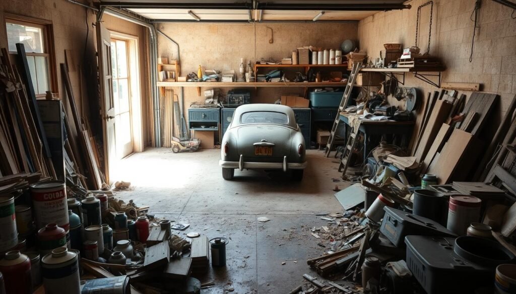 A small, cluttered garage with an open door, sunlight streaming in from the side. Piles of old tools, paint cans, and discarded items litter the floor, creating a sense of creative chaos. The walls are lined with shelves and workbenches, hinting at a space once used for tinkering and crafting. A single, vintage car sits in the center, covered in a fine layer of dust, suggesting a forgotten passion project. The atmosphere is one of untapped potential, a space waiting to be transformed into a vibrant artistic haven.
