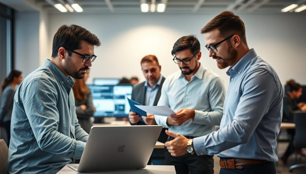 A team of QA professionals diligently testing a digital product in a modern, well-lit office. In the foreground, a developer in a casual button-down shirt leans over a laptop, collaborating with a QA analyst in a collared shirt and slacks, carefully examining the application's functionality. In the middle ground, a QA manager in a smart blazer reviews test cases on a monitor, while the background features other team members engaged in discussions and data analysis. Soft, directional lighting creates a focused, professional atmosphere, as the team works together to ensure the technical quality and execution of the digital product launch.
