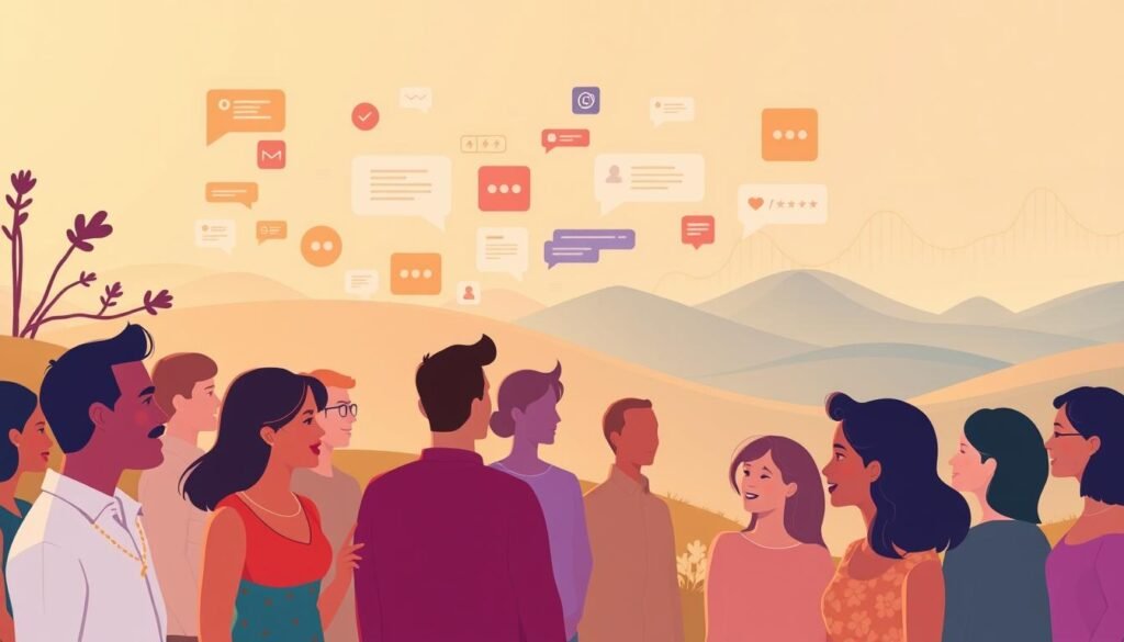 A vibrant and dynamic composition depicting the interconnected concepts of marketing, messaging, and audience. In the foreground, a diverse group of stylized human figures engaged in animated conversation, their expressions conveying a sense of collaboration and connection. The middle ground features a fluid, abstract representation of marketing strategies and messaging, with bold shapes and lines in a harmonious color palette. In the background, an expansive, dreamlike landscape suggests the vast and ever-evolving nature of the target audience, with subtlety and nuance. Soft, warm lighting illuminates the scene, creating a sense of depth and atmosphere. The overall impression is one of unity, innovation, and the power of tailoring communication to specific audiences.