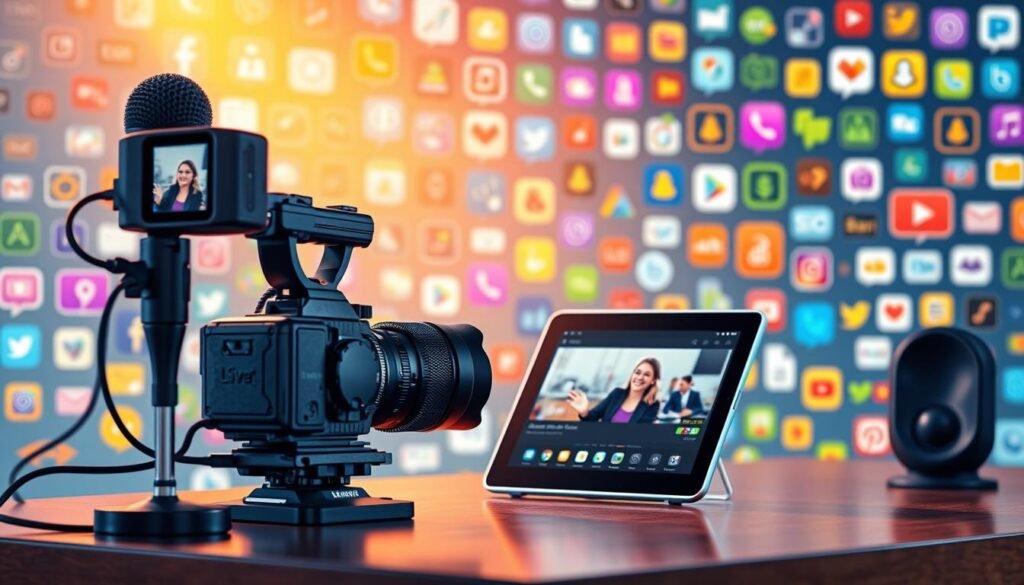 A vibrant and dynamic scene showcasing the various tools and features available to content creators. In the foreground, a professional-grade camera and a high-end microphone sit atop a sleek, modern desk, hinting at the production quality expected. In the middle ground, a tablet displays a live-streaming interface, its user interface clean and intuitive. The background is filled with a colorful array of online content creation icons, representing the diverse mediums and platforms creators can leverage, from short-form videos to live broadcasts. Warm, directional lighting casts a soft glow, creating a sense of professionalism and creativity. The overall composition conveys the versatility and potential of the "format, fitur, dan tools" available to modern content creators. A vibrant and dynamic scene showcasing the various tools and features available to content creators. In the foreground, a professional-grade camera and a high-end microphone sit atop a sleek, modern desk, hinting at the production quality expected. In the middle ground, a tablet displays a live-streaming interface, its user interface clean and intuitive. The background is filled with a colorful array of online content creation icons, representing the diverse mediums and platforms creators can leverage, from short-form videos to live broadcasts. Warm, directional lighting casts a soft glow, creating a sense of professionalism and creativity. The overall composition conveys the versatility and potential of the "format, fitur, dan tools" available to modern content creators.