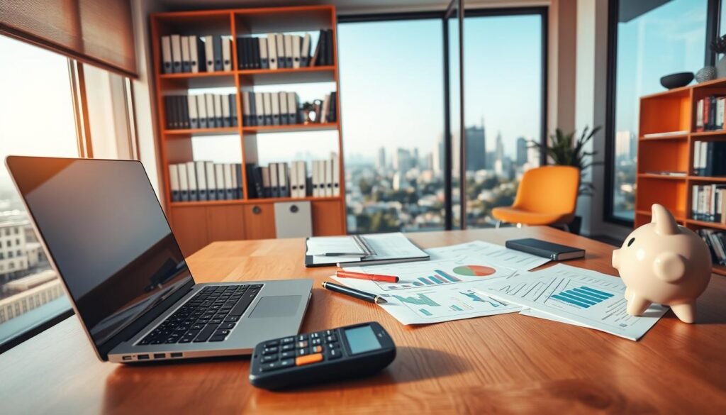 A well-organized office with a wooden desk, a laptop, and a calculator. On the desk, various financial documents, graphs, and a piggy bank. The lighting is warm and inviting, creating a focused and productive atmosphere. In the background, a bookshelf filled with financial management books and a large window overlooking a serene cityscape. The overall composition conveys a sense of careful planning, attention to detail, and financial prudence.