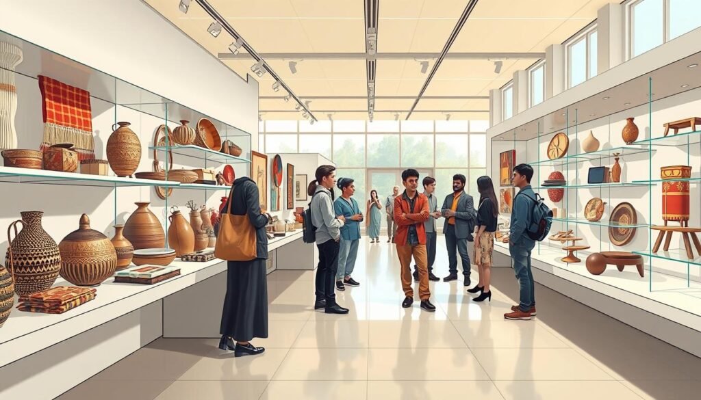 a detailed, panoramic illustration depicting an anthology of UMKM (Micro, Small, and Medium Enterprises) stories, showcased in an art gallery setting. The foreground features a diverse array of handcrafted products, ranging from traditional textiles to contemporary furniture, displayed on sleek, minimalist shelves. In the middle ground, a group of aspiring entrepreneurs are engaged in deep discussion, their faces exuding determination and pride. The background reveals a spacious, well-lit gallery space with high ceilings and large windows, allowing natural light to flood the scene. The overall mood is one of inspiration, innovation, and a sense of the journey from humble beginnings to remarkable achievements.
