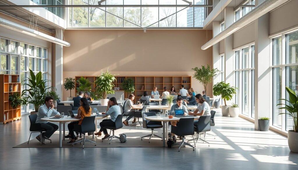 A bright, spacious co-working space in a modern university campus. Sunlight streams through large windows, illuminating an open-plan layout with sleek desks, comfortable chairs, and abundant greenery. Groups of students and professionals collaborate at shared tables, discussing ideas and working on laptops. The atmosphere is productive yet relaxed, with a touch of youthful energy. Minimalist decor and natural materials create a calming, inspiring ambiance, encouraging creative flow. The space feels underutilized, awaiting an influx of vibrant activity and innovative projects to bring it to life. A bright, spacious co-working space in a modern university campus. Sunlight streams through large windows, illuminating an open-plan layout with sleek desks, comfortable chairs, and abundant greenery. Groups of students and professionals collaborate at shared tables, discussing ideas and working on laptops. The atmosphere is productive yet relaxed, with a touch of youthful energy. Minimalist decor and natural materials create a calming, inspiring ambiance, encouraging creative flow. The space feels underutilized, awaiting an influx of vibrant activity and innovative projects to bring it to life.
