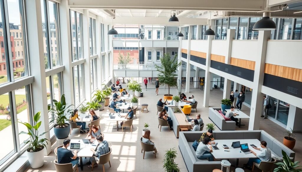 A bustling co-working space nestled within a vibrant university campus. The airy, sun-drenched atrium features sleek modern furnishings and an abundance of natural light, creating an energetic yet focused atmosphere. Groups of young professionals and students collaborate at communal tables, engrossed in their laptops and papers. Pops of greenery and minimalist decor lend a sense of tranquility, while the hum of productivity and casual chatter fills the air. Towering windows offer glimpses of the campus grounds beyond, where students stroll by. Subtle industrial accents blend seamlessly with the overall aesthetic, reflecting the melding of academia and entrepreneurship. The space emanates a dynamic, innovative spirit that invigorates all who enter. A bustling co-working space nestled within a vibrant university campus. The airy, sun-drenched atrium features sleek modern furnishings and an abundance of natural light, creating an energetic yet focused atmosphere. Groups of young professionals and students collaborate at communal tables, engrossed in their laptops and papers. Pops of greenery and minimalist decor lend a sense of tranquility, while the hum of productivity and casual chatter fills the air. Towering windows offer glimpses of the campus grounds beyond, where students stroll by. Subtle industrial accents blend seamlessly with the overall aesthetic, reflecting the melding of academia and entrepreneurship. The space emanates a dynamic, innovative spirit that invigorates all who enter.