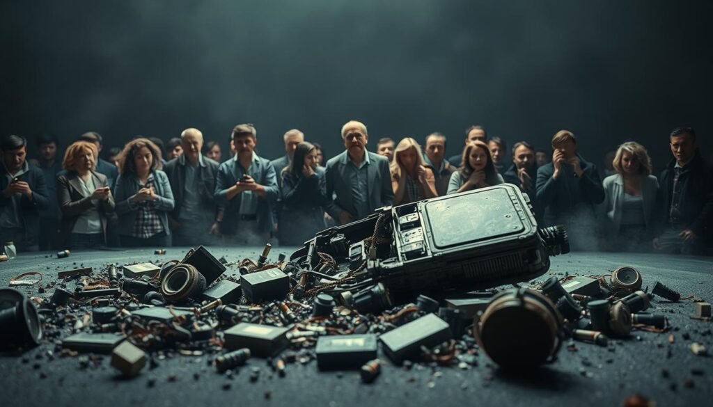 A calamitous product failure, a disastrous launch event captured in a striking visual. In the foreground, a broken product lies shattered, its components strewn across the scene, conveying a sense of chaos and catastrophe. The middle ground features a crowd of bewildered onlookers, their expressions a mix of shock and disappointment, highlighting the gravity of the situation. The background is shrouded in a somber, muted palette, emphasizing the somber mood. Dramatic lighting casts long, ominous shadows, adding to the sense of foreboding. The overall composition evokes a feeling of profound failure, a cautionary tale of the perils that can befall even the most ambitious product launches.