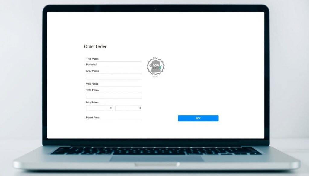 A clean, well-organized online order process. In the foreground, a modern laptop display shows a straightforward order form with intuitive fields. The middle ground features a stylized product image, perhaps a sticker or POD design, against a minimalist white background. The background has a soft, blurred gradient with muted colors, conveying a sense of simplicity and efficiency. The lighting is soft and even, creating a polished, professional atmosphere. The composition is balanced, with the key elements positioned to guide the viewer's eye through the order flow seamlessly. An overall impression of a streamlined, user-friendly purchasing experience. A clean, well-organized online order process. In the foreground, a modern laptop display shows a straightforward order form with intuitive fields. The middle ground features a stylized product image, perhaps a sticker or POD design, against a minimalist white background. The background has a soft, blurred gradient with muted colors, conveying a sense of simplicity and efficiency. The lighting is soft and even, creating a polished, professional atmosphere. The composition is balanced, with the key elements positioned to guide the viewer's eye through the order flow seamlessly. An overall impression of a streamlined, user-friendly purchasing experience.