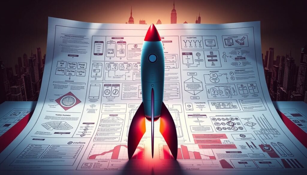 A detailed blueprint schematic unfolds, showcasing a comprehensive launch strategy. In the foreground, a sleek rocket design takes center stage, representing the successful product release. The midground features intricate flowcharts and diagrams, outlining market research, customer personas, and marketing plans. The background depicts a futuristic cityscape, symbolizing the dynamic digital landscape. Vibrant colors and precise technical illustrations create a sense of professionalism and attention to detail. Dramatic lighting casts shadows that accentuate the depth and complexity of the blueprint, conveying a methodical, anti-failure approach to launching a digital product.