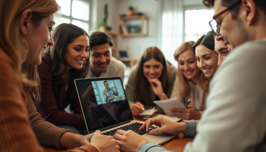A group of people gathered around a laptop, intently watching a webinar presentation. The scene is bathed in a warm, soft light, creating an inviting and educational atmosphere. The presenter, a coach, is visible on the laptop screen, gesturing and engaging the audience. The participants are leaning in, taking notes, and actively participating. The background is blurred, keeping the focus on the central activity. The composition is balanced, with the laptop and the coach's image occupying the foreground, the audience members in the middle ground, and a hint of a cozy, home-office setting in the background. The overall mood is one of learning, collaboration, and a sense of community. A group of people gathered around a laptop, intently watching a webinar presentation. The scene is bathed in a warm, soft light, creating an inviting and educational atmosphere. The presenter, a coach, is visible on the laptop screen, gesturing and engaging the audience. The participants are leaning in, taking notes, and actively participating. The background is blurred, keeping the focus on the central activity. The composition is balanced, with the laptop and the coach's image occupying the foreground, the audience members in the middle ground, and a hint of a cozy, home-office setting in the background. The overall mood is one of learning, collaboration, and a sense of community.