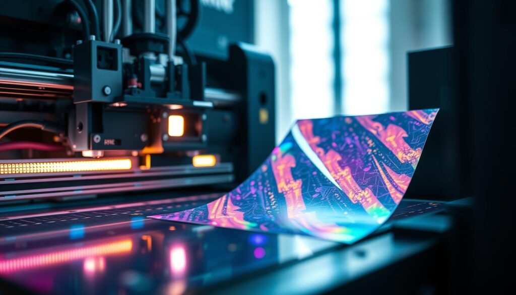 A high-resolution, close-up view of advanced printing technology. In the foreground, a cutting-edge digital printing machine with intricate components and a sleek, futuristic design. Bright LED lights illuminate the inner workings, showcasing the precision and speed of the cutting-edge printing process. In the middle ground, a sheet of vibrant, holographic sticker material emerges from the printer, its surface shimmering with a mesmerizing pattern of colors and textures. The background is softly blurred, highlighting the technological focus of the scene. The lighting is crisp and directional, casting dramatic shadows and highlighting the mechanical details. The overall mood is one of innovation, precision, and the seamless integration of advanced printing capabilities. A high-resolution, close-up view of advanced printing technology. In the foreground, a cutting-edge digital printing machine with intricate components and a sleek, futuristic design. Bright LED lights illuminate the inner workings, showcasing the precision and speed of the cutting-edge printing process. In the middle ground, a sheet of vibrant, holographic sticker material emerges from the printer, its surface shimmering with a mesmerizing pattern of colors and textures. The background is softly blurred, highlighting the technological focus of the scene. The lighting is crisp and directional, casting dramatic shadows and highlighting the mechanical details. The overall mood is one of innovation, precision, and the seamless integration of advanced printing capabilities.