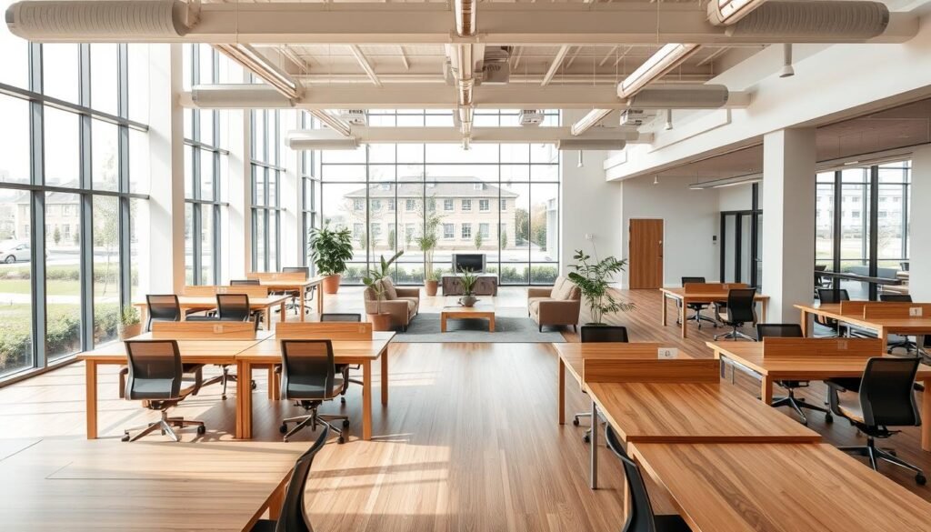 A modern, minimalist co-working space situated within a university campus. The interior features clean lines, natural materials, and ample natural lighting. Wooden desks and ergonomic chairs are arranged in a spacious, open-plan layout, creating a collaborative atmosphere. The middle ground showcases a centralized lounge area with comfortable sofas and potted plants, encouraging casual interactions and networking. In the background, large windows offer views of the campus grounds, seamlessly blending the indoor and outdoor environments. The overall mood is one of productivity, creativity, and a sense of community, yet the space appears underutilized, hinting at the challenges addressed in the article. A modern, minimalist co-working space situated within a university campus. The interior features clean lines, natural materials, and ample natural lighting. Wooden desks and ergonomic chairs are arranged in a spacious, open-plan layout, creating a collaborative atmosphere. The middle ground showcases a centralized lounge area with comfortable sofas and potted plants, encouraging casual interactions and networking. In the background, large windows offer views of the campus grounds, seamlessly blending the indoor and outdoor environments. The overall mood is one of productivity, creativity, and a sense of community, yet the space appears underutilized, hinting at the challenges addressed in the article.