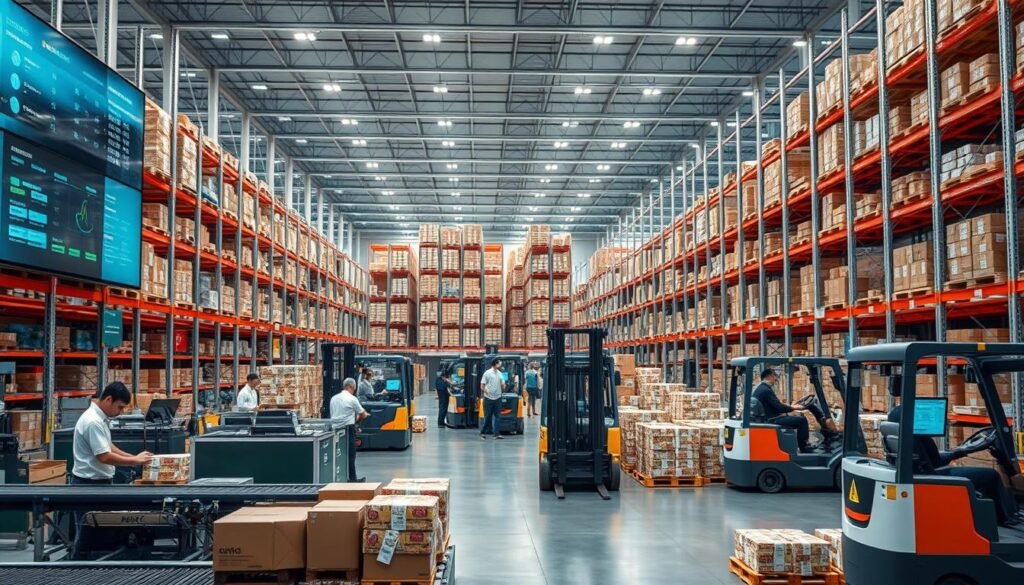 A modern warehouse interior with clean, efficient logistics operations. In the foreground, a group of workers carefully packing and labeling products on a conveyor belt. The middle ground features a fleet of robotic forklifts efficiently moving pallets, while digital screens display real-time inventory data and delivery schedules. The background showcases sleek, organized storage racks reaching up to high ceilings, bathed in warm, directional lighting. An atmosphere of streamlined precision and technological integration, reflecting the optimization of operational logistics.