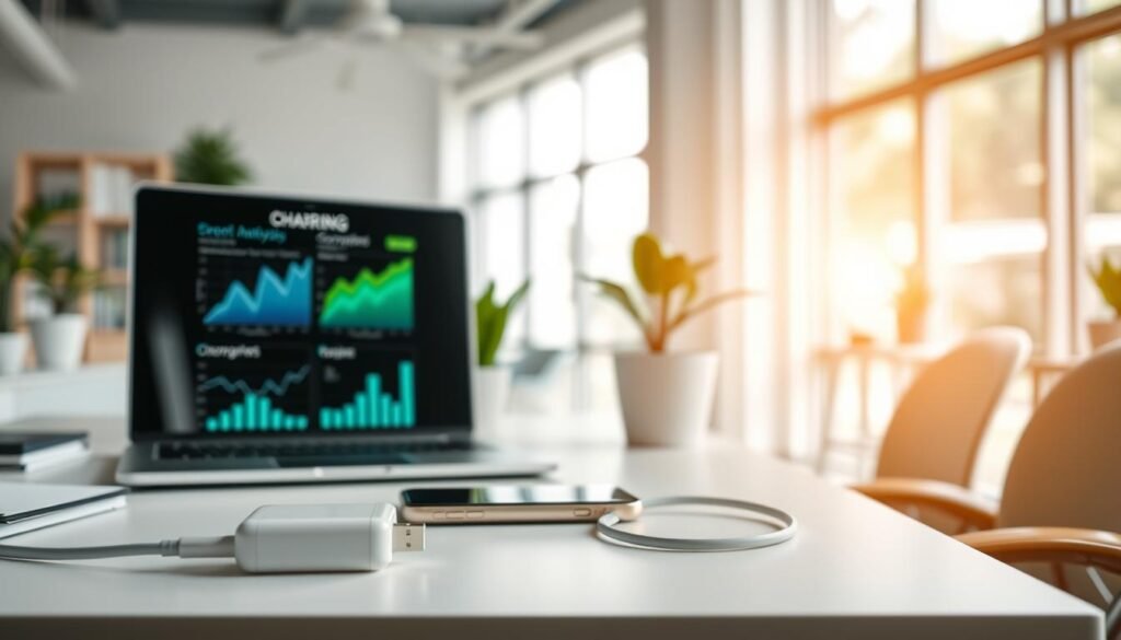 A modern workspace featuring a neatly organized desk with a sleek smartphone charger and a Lightning cable prominently displayed in the foreground. On the desk, include a laptop showing market analysis graphs related to the charger industry. In the middle ground, add a potted plant for a touch of greenery, symbolizing sustainability, and illustrate various eco-friendly charger products. The background should depict a bright office with large windows allowing natural light to flood the space, creating a warm atmosphere. Use a shallow depth of field to emphasize the charger while slightly blurring the background. The overall mood is professional and focused, highlighting current trends in the charger market and the concept of circular economy. A modern workspace featuring a neatly organized desk with a sleek smartphone charger and a Lightning cable prominently displayed in the foreground. On the desk, include a laptop showing market analysis graphs related to the charger industry. In the middle ground, add a potted plant for a touch of greenery, symbolizing sustainability, and illustrate various eco-friendly charger products. The background should depict a bright office with large windows allowing natural light to flood the space, creating a warm atmosphere. Use a shallow depth of field to emphasize the charger while slightly blurring the background. The overall mood is professional and focused, highlighting current trends in the charger market and the concept of circular economy.