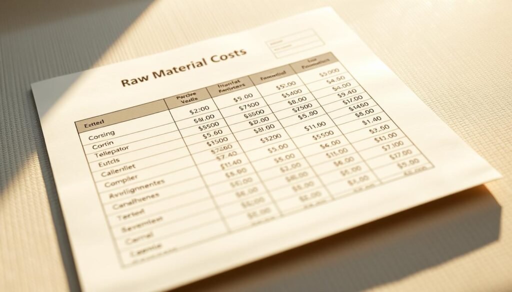 A neatly organized spreadsheet showing a breakdown of raw material costs, with precise numerical data displayed in a clean, minimalist layout. The sheet is bathed in warm, natural lighting, with a shallow depth of field that gently blurs the edges, drawing the viewer's focus to the central information. The background is a subtly textured, neutral surface, providing a simple, uncluttered setting to showcase the financial details. The overall impression is one of professionalism, efficiency, and attention to detail, perfectly suited to illustrate the "Menyiapkan Template di Excel: struktur sheet dan input data penting" section of the article.