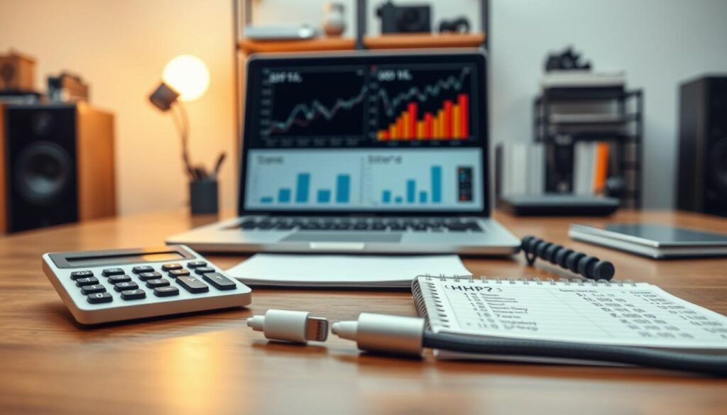A professional workspace featuring a high-resolution close-up of a Lightning cable, meticulously laid out on a wooden desk. In the foreground, display a calculator and notebook filled with detailed numerical calculations for HPP (Harga Pokok Penjualan) alongside the cable. The middle ground showcases a laptop displaying charts and graphs related to business calculations. In the background, a softly blurred office setting with shelves of tech gadgets and industry-related books adds depth. The lighting is warm and inviting, hinting at a productive atmosphere, with a slight focus effect creating a sense of clarity. The overall mood is analytical and business-oriented, emphasizing professionalism in the tech industry. A professional workspace featuring a high-resolution close-up of a Lightning cable, meticulously laid out on a wooden desk. In the foreground, display a calculator and notebook filled with detailed numerical calculations for HPP (Harga Pokok Penjualan) alongside the cable. The middle ground showcases a laptop displaying charts and graphs related to business calculations. In the background, a softly blurred office setting with shelves of tech gadgets and industry-related books adds depth. The lighting is warm and inviting, hinting at a productive atmosphere, with a slight focus effect creating a sense of clarity. The overall mood is analytical and business-oriented, emphasizing professionalism in the tech industry.