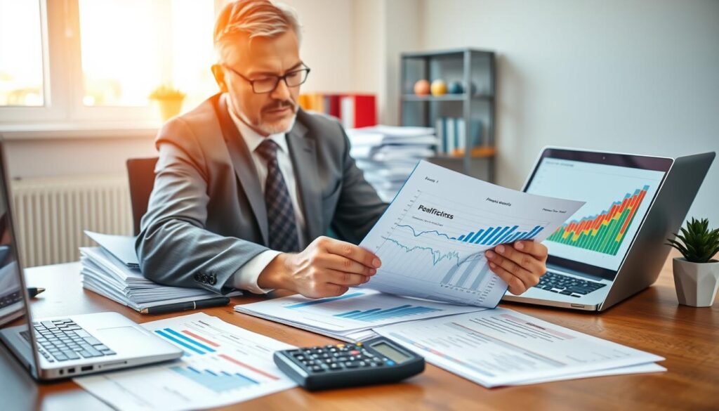 A small business accounting setup featuring a wooden desk organized with financial reports, a calculator, and a laptop displaying colorful graphs of steady growth. In the foreground, a middle-aged professional in business attire analyzes a financial ledger, with a focused expression. The middle area includes stacked files of paperwork and a potted plant for a touch of freshness. The background shows a bright office with natural light filtering through a window, highlighting the professional atmosphere. The lighting is warm and inviting, creating a sense of productivity and motivation. The overall mood is one of diligence and success, perfect for illustrating practical steps in preparing financial reports for small businesses.