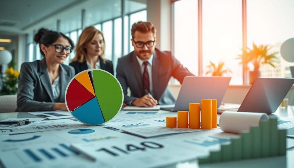 A visually engaging and informative scene depicting a marketing budget allocation strategy for small and medium enterprises (SMEs). In the foreground, a diverse group of three professionals in business attire, including a woman with glasses and a man using a laptop, are analyzing a colorful pie chart representing the 10% marketing budget allocation. In the middle ground, various financial documents and graphs spread across a conference table, symbolizing growth and strategy. The background features a bright office environment with large windows allowing natural light to illuminate the space, creating an optimistic atmosphere. The overall composition conveys teamwork, focus, and a forward-thinking approach. The image should feel vibrant and inspirational, emphasizing professionalism and strategic planning without any text or branding elements.