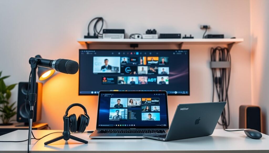 A well-lit webinar setup with a modern desk, laptop, and essential tech accessories. The foreground features a professional-grade webcam, high-quality microphone, and ergonomic headphones. The middle ground showcases a sleek, ultrawide monitor displaying webinar presentation slides. In the background, a minimalist wall-mounted shelf holds various networking devices, power strips, and cable management accessories. Warm, focused lighting casts a productive atmosphere, while the overall composition conveys a clean, streamlined, and technically-equipped webinar environment. A well-lit webinar setup with a modern desk, laptop, and essential tech accessories. The foreground features a professional-grade webcam, high-quality microphone, and ergonomic headphones. The middle ground showcases a sleek, ultrawide monitor displaying webinar presentation slides. In the background, a minimalist wall-mounted shelf holds various networking devices, power strips, and cable management accessories. Warm, focused lighting casts a productive atmosphere, while the overall composition conveys a clean, streamlined, and technically-equipped webinar environment.