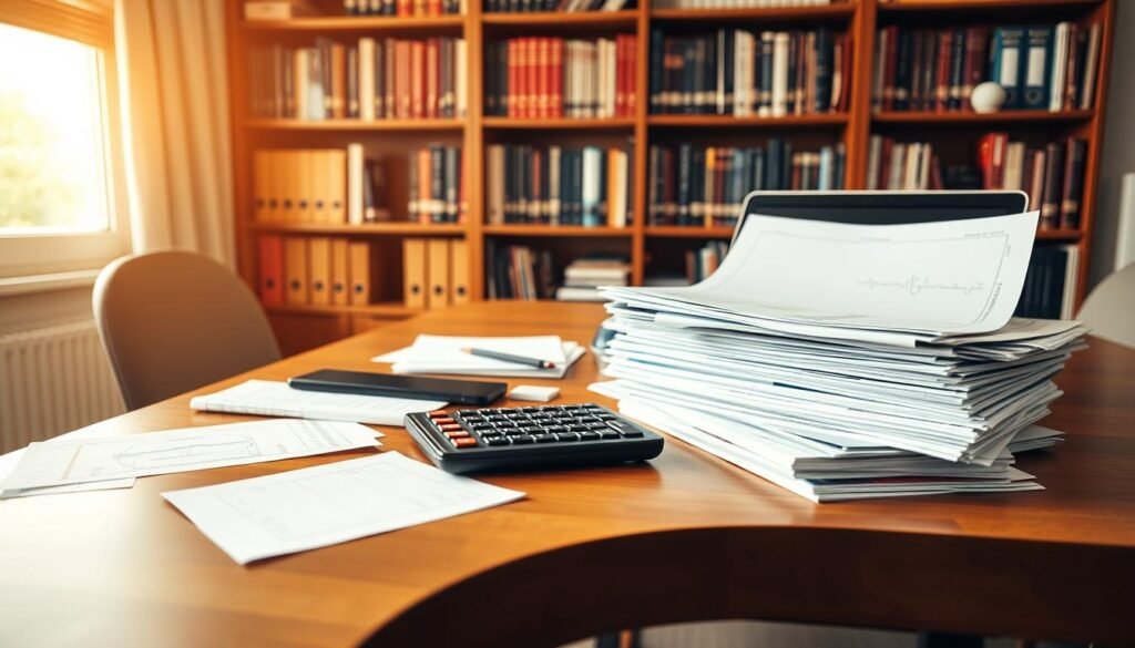 A well-organized office space with a wooden desk, a laptop, a calculator, and stacks of financial documents. The lighting is warm and inviting, creating a sense of focus and productivity. In the background, a bookshelf filled with accounting and finance books, subtly hinting at the expertise and knowledge within. The overall atmosphere conveys a meticulous, yet approachable, management of financial affairs. The scene embodies the importance of careful financial stewardship, with each element contributing to the overall sense of control and stability.
