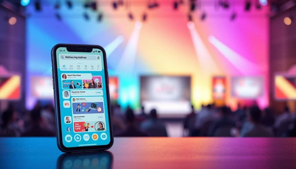 Prompt A digital illustration of a social media marketing campaign for an online webinar. In the foreground, a smartphone screen displays various social media platforms with dynamic posts and graphics. The middle ground features icons representing audience engagement, such as likes, shares, and comments. In the background, a vibrant and colorful gradient backdrop sets the mood for a captivating online event. The lighting is soft and diffused, creating a modern and professional aesthetic. The overall composition conveys the concept of leveraging social media to promote and maximize the reach of a webinar. Prompt A digital illustration of a social media marketing campaign for an online webinar. In the foreground, a smartphone screen displays various social media platforms with dynamic posts and graphics. The middle ground features icons representing audience engagement, such as likes, shares, and comments. In the background, a vibrant and colorful gradient backdrop sets the mood for a captivating online event. The lighting is soft and diffused, creating a modern and professional aesthetic. The overall composition conveys the concept of leveraging social media to promote and maximize the reach of a webinar.