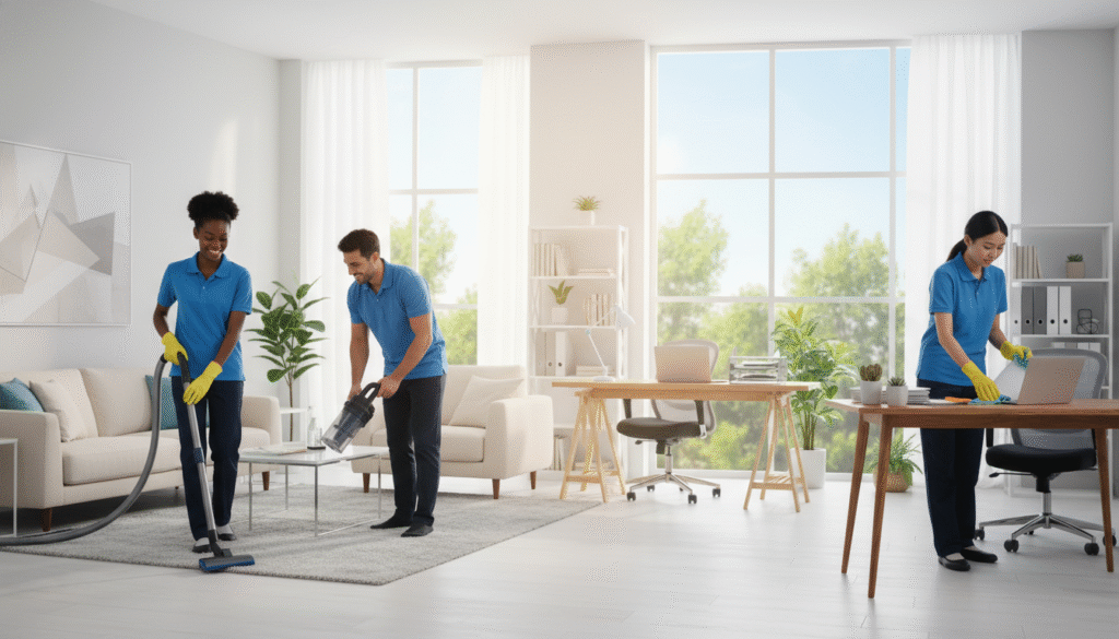 A bright and inviting office and home cleaning environment showcasing professionalism and service excellence. In the foreground, a diverse team of three people dressed in neat, professional attire, actively cleaning a stylish living room and an organized office space, engaging with cleaning equipment like vacuum cleaners and microfiber cloths. The middle ground features a well-maintained workspace with plants and elegant furniture to emphasize cleanliness and organization. In the background, soft natural lighting streams through large windows, creating a warm atmosphere, with a light-filled, airy feel. The scene conveys trust, efficiency, and dedication to high standards in home and office cleaning services. Capture the essence of professionalism and a welcoming environment without any text or distractions. A bright and inviting office and home cleaning environment showcasing professionalism and service excellence. In the foreground, a diverse team of three people dressed in neat, professional attire, actively cleaning a stylish living room and an organized office space, engaging with cleaning equipment like vacuum cleaners and microfiber cloths. The middle ground features a well-maintained workspace with plants and elegant furniture to emphasize cleanliness and organization. In the background, soft natural lighting streams through large windows, creating a warm atmosphere, with a light-filled, airy feel. The scene conveys trust, efficiency, and dedication to high standards in home and office cleaning services. Capture the essence of professionalism and a welcoming environment without any text or distractions.