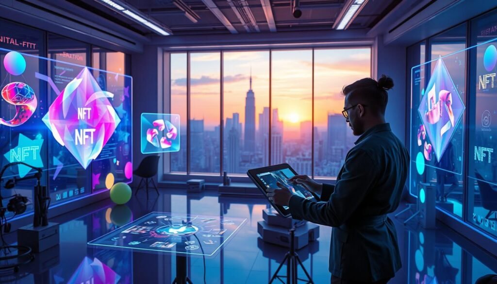 A futuristic digital art studio filled with vibrant colors and abstract shapes representing the concept of NFTs. In the foreground, an artist in professional attire is seen creating digital artwork on a high-tech tablet, immersed in their creative process. The middle ground features holographic displays showcasing various NFT artworks, shimmering in ethereal light. In the background, a modern city skyline is visible through large panoramic windows, with a sunset casting warm hues across the scene. The atmosphere is inspiring and innovative, filled with excitement over the future potential of digital art. Soft, ambient lighting enhances the mood, while a wide-angle lens captures the entire setting, offering a sense of depth and creativity.