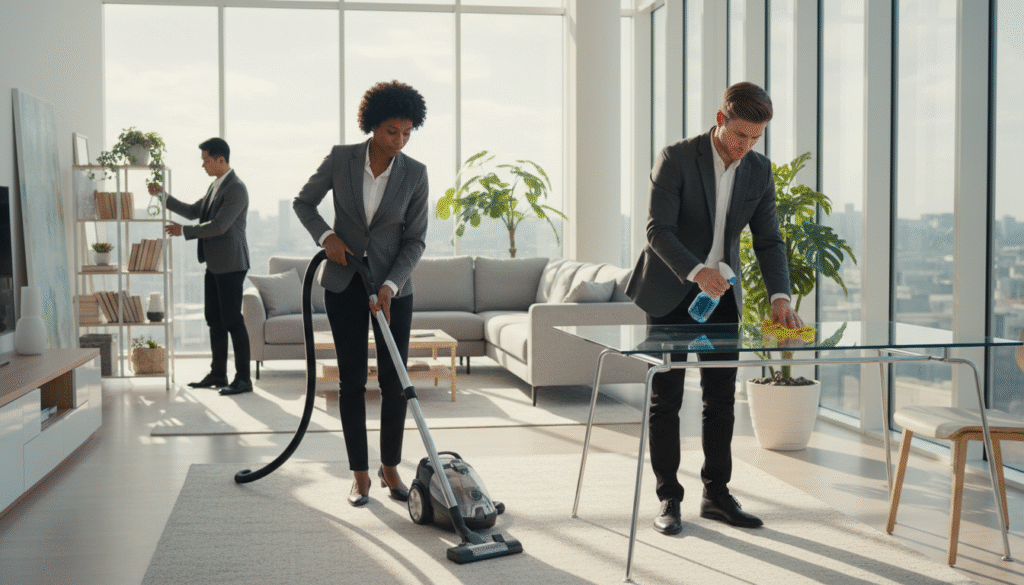 A professional cleaning service in action, showcasing a diverse group of workers in neat business attire, efficiently executing various cleaning tasks in a modern home office setting. In the foreground, a team member uses a vacuum cleaner on a plush carpet, while another cleans a glass desk with a spray bottle and microfiber cloth. In the middle ground, a bright and spacious living area features stylish furniture and potted plants, radiating freshness. To the background, large windows allow natural light to flood the room, creating a warm and inviting atmosphere. Soft shadows enhance the depth, capturing a vibrant and organized space, symbolizing thorough cleanliness. The mood is professional, polished, and bright, illustrating a comprehensive cleaning service that meets all client needs. A professional cleaning service in action, showcasing a diverse group of workers in neat business attire, efficiently executing various cleaning tasks in a modern home office setting. In the foreground, a team member uses a vacuum cleaner on a plush carpet, while another cleans a glass desk with a spray bottle and microfiber cloth. In the middle ground, a bright and spacious living area features stylish furniture and potted plants, radiating freshness. To the background, large windows allow natural light to flood the room, creating a warm and inviting atmosphere. Soft shadows enhance the depth, capturing a vibrant and organized space, symbolizing thorough cleanliness. The mood is professional, polished, and bright, illustrating a comprehensive cleaning service that meets all client needs.