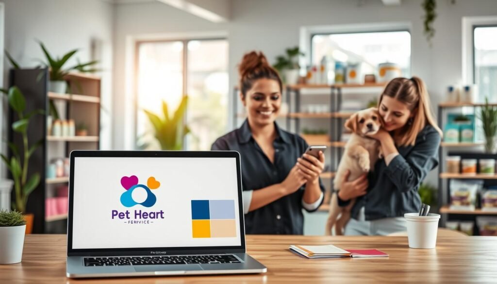 A vibrant and professional scene depicting a pet care business brand identity. In the foreground, a well-organized workspace features a laptop displaying a colorful logo design for a pet grooming service, along with brand color swatches. To the side, a friendly pet groomer in smart casual attire gently holds a small dog, showcasing companionship. The middle ground includes shelves filled with pet care products, like grooming tools and organic pet food, all thoughtfully arranged. The background features a modern, bright interior with plants and natural light streaming in through large windows, creating a warm and inviting atmosphere. The overall mood is uplifting and professional, reflecting the importance of brand identity in the pet care industry. Use soft lighting to enhance the welcoming feel, shot with a slight depth of field to focus on the foreground elements.