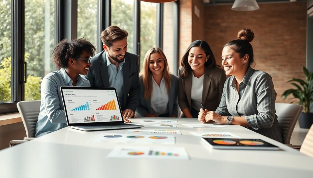 A vibrant, professional workspace scene that represents a successful membership program with income stability. In the foreground, a diverse group of three professionals in smart casual attire are discussing ideas around a modern conference table, with a laptop open displaying membership analytics. The middle layer features infographics and charts showing growth and stability, with images of digital products, such as e-books and courses, subtly integrated into the design. In the background, large windows let in soft, natural light, adding warmth to the atmosphere, with greenery visible outside to convey a sense of growth. The overall mood is optimistic and collaborative, highlighting innovation and financial security in the digital product marketplace for 2025.