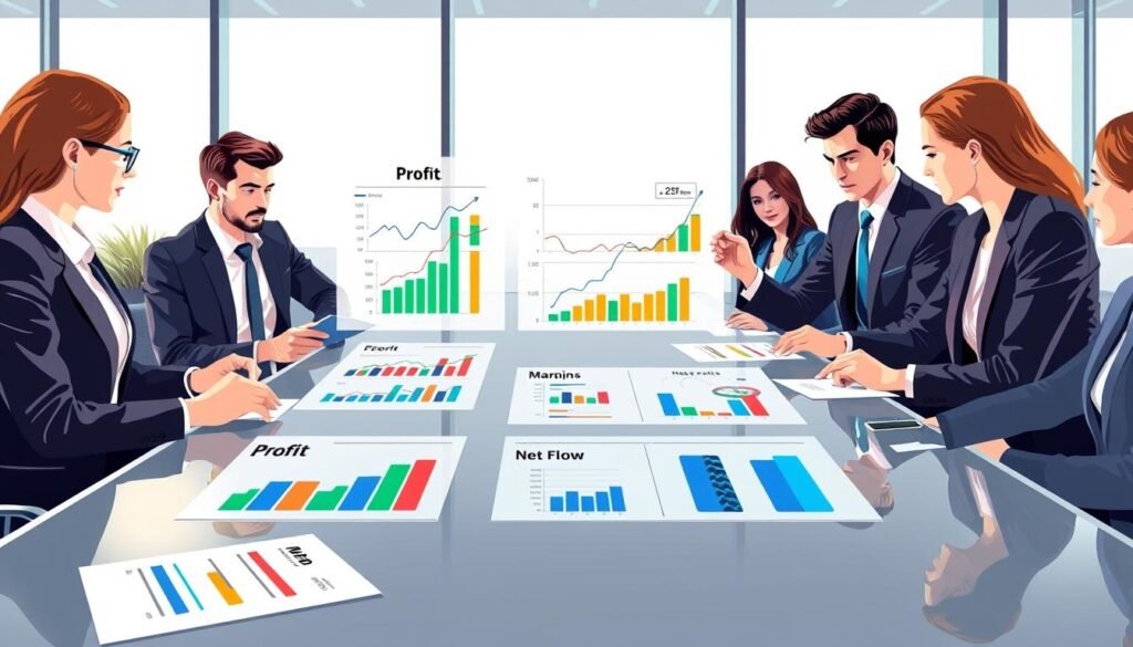 A visually engaging and informative illustration that depicts the concept of profit and net profit calculation in a business context. In the foreground, a diverse group of professionals in business attire are analyzing financial documents and charts on a sleek conference table. In the middle, there are clear graphical representations of profit margins, cash flow diagrams, and net profit calculations, with vibrant colors distinguishing each element. The background features a modern office environment with large windows letting in natural light, creating a bright and optimistic atmosphere. The scene conveys a mood of professionalism, collaboration, and clarity, emphasizing the complexity beyond simple profit in the business world. Use a slightly elevated angle to capture the interactions and charts effectively, showcasing the determination and focus of the professionals engaged in discussion.