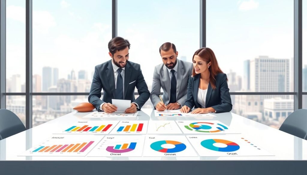 A visually engaging illustration that represents the concept of 'omzet', featuring a professional business setting. In the foreground, depict a diverse group of business professionals—two men in suits and a woman in business attire—collaborating around a sleek modern table, analyzing financial charts and graphs. The middle ground should show colorful bar graphs and pie charts illustrating omzet calculations, with clear labels and numbers. In the background, a large window offers a bright, natural light pouring in, showcasing a bustling city skyline. The mood is focused and productive, capturing the essence of teamwork and financial analysis. The image should be well-composed with a slight depth of field, emphasizing the subjects engaged in their work while ensuring a crisp, clear focus on the financial visuals.