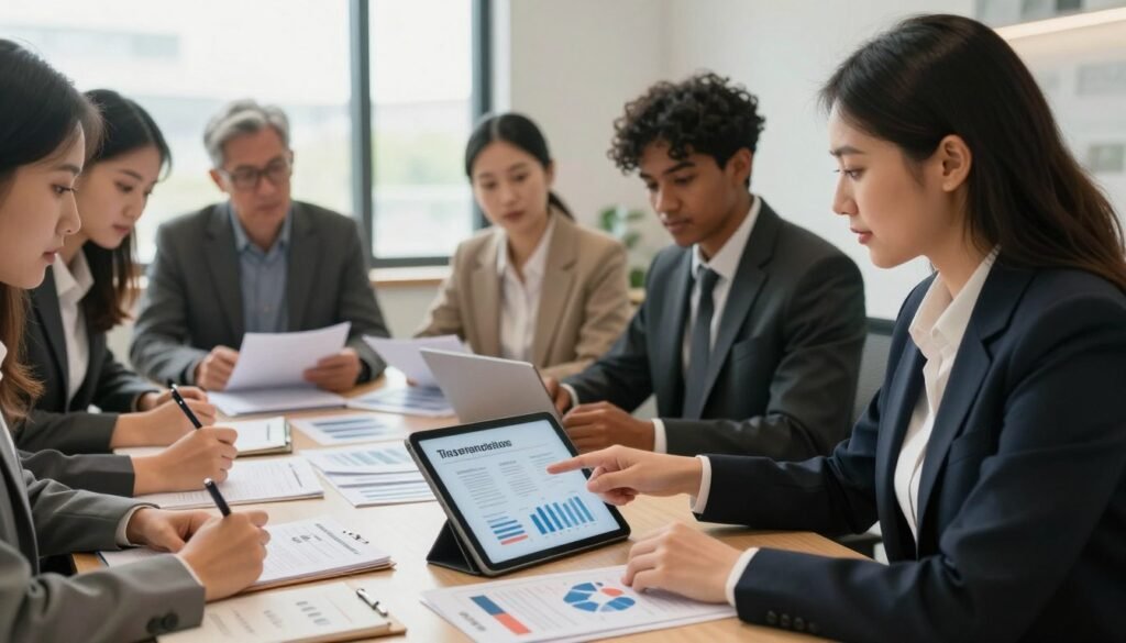 A professional business setting featuring a diverse group of individuals in business attire, gathered around a table filled with franchise brochures and charts. In the foreground, a confident woman points to a chart on a tablet, illustrating key tips for selecting a profitable franchise. In the middle, diverse team members engage in discussion, some taking notes, others reviewing documents. The background showcases a modern office with a large window, allowing natural light to illuminate the scene, enhancing the collaborative atmosphere. Soft shadows create depth, while warm lighting adds a welcoming mood. The focus is on teamwork and informed decision-making in the franchise selection process.
