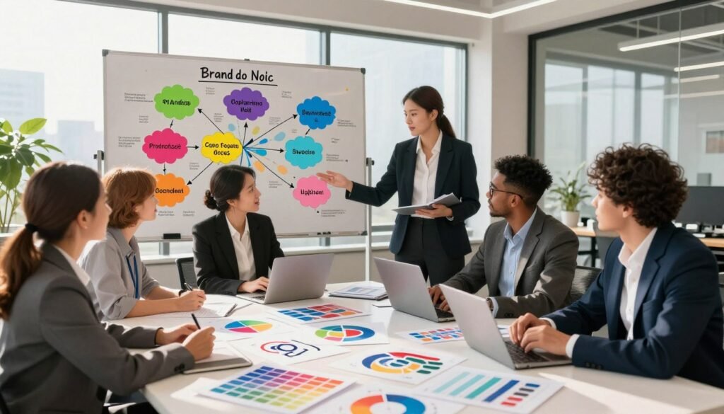 A vibrant and informative illustration depicting various types of branding for businesses. In the foreground, include a diverse group of four professionals dressed in smart business attire, engaged in a brainstorming session around a large table scattered with branding materials like logos, color palettes, and market research charts. The middle ground showcases a colorful mind map on a whiteboard labeled with different branding types, such as personal branding, corporate branding, product branding, and service branding. In the background, a modern office environment with large windows allowing daylight to stream in, creating an inspiring and energetic atmosphere. Use a wide-angle perspective to capture the collaborative energy, while the lighting should be bright and warm, highlighting the enthusiasm and creativity in the room.