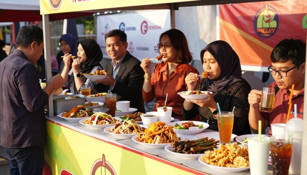 A vibrant scene depicting popular food and beverage franchises in Indonesia, featuring a well-organized outdoor market setting. In the foreground, a colorful food stall showcasing popular dishes like Nasi Goreng, Satay, and traditional beverages served in elegant glasses. The middle ground features happy customers enjoying their meals, dressed in professional casual attire to convey a sense of community and casual dining. In the background, various franchise logos are subtly visible on vibrant banners and displays, enhancing the essence of franchise opportunities. The lighting is warm, simulating late afternoon sun, casting inviting shadows. Use a slight angle that captures the bustling atmosphere while providing a clear focus on the food stall, evoking a lively, friendly, and entrepreneurial mood.